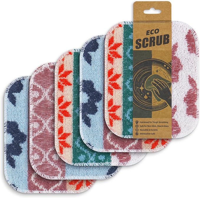 Amarelle GEN II Dish Washing Scrubbers (5-Pack), Made in Green Kitchen Scrubbers for Dishes, Non Scratch Pot & Pan Scrubber, Dual-Sided Heavy-Duty Scouring Pads, Reusable (Nordic Folk)