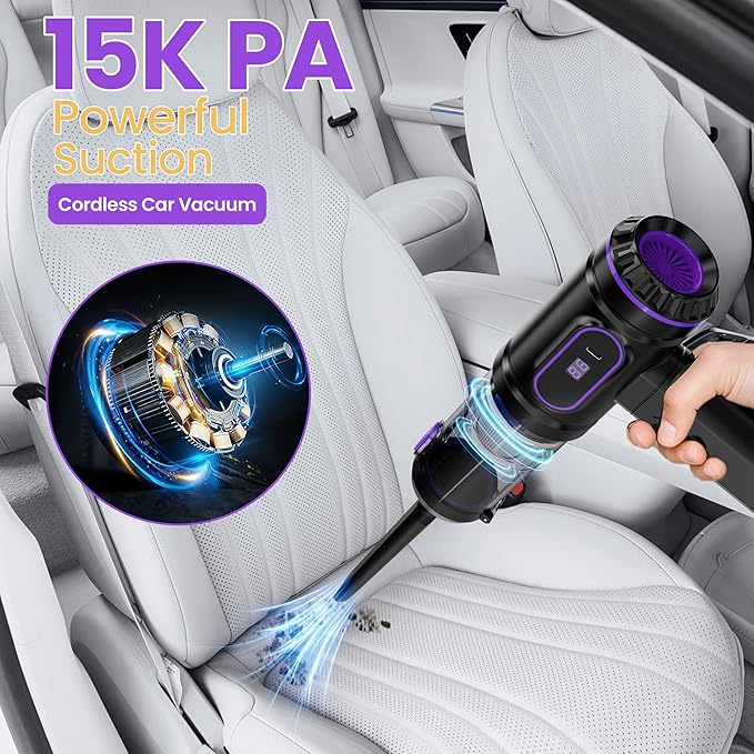 Mini Cordless Car Vacuum Cleaner,15000PA Handheld Vacuum Cleaner,2-in-1 Air Duster and Vacuum Cleaner,Hand Held Vacuum with LCD Display,Multi-Nozzles,Portable Vacuum for Car,Home,Pet Hair,Office