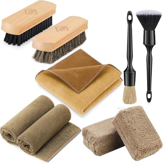Fantasticlean 9PC Car Detailing Kit，Boars Hair Brush，Horse Hair Bristle，Suede-Coral Cloth，Car Dust Brush，Microfiber Towel & Applicator，Scratch-Free & Ultra-Soft for Leather, Seats & Interior Cleaning