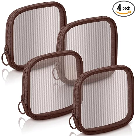Weewooday 4 Pcs Mesh Pouch Small, Brown Zipper Bag