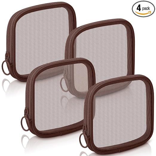 Weewooday 4 Pcs Mesh Pouch Small, Brown Zipper Bag