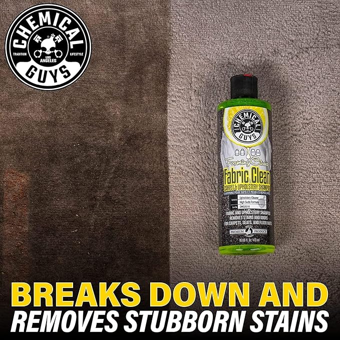 Chemical Guys Foaming Citrus Fabric Clean Drill Brush Kit - High Foaming Stain and Odor Remover, Upholstery, Floor Mat & Car Carpet Cleaner, Deep Cleans & Deodorizes, Citrus Scent - 16 fl oz