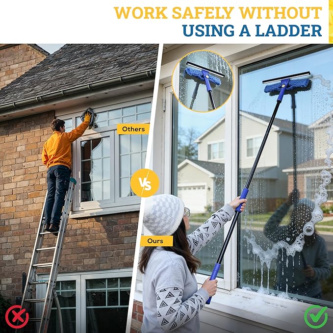 Kleen Handler 2-in-1 Window Squeegee with 60” Extendable Pole, Rotatable Glass Cleaner Tool for Commercial and Residential Use, 2 Reusable Sleeves and 14” Blade