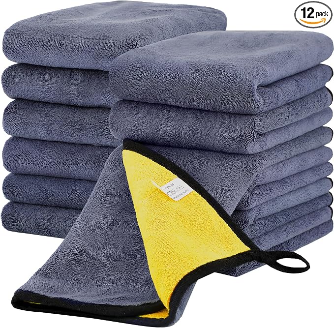 Tallew 12 Pcs Microfiber Towels for Cars, 800 GSM Plush Drying Cleaning Cloth Bulk, 16 x 16 Inch Thick Absorbent Wash De