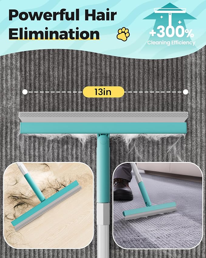 Carpet Rake for Pet Hair Removal Tool - 4 in 1 Pet Hair Remover Kit for Dog Cat Fur Remover, Contain 60" Adjustable Rubber Broom, Glove, Magic Brush and Scraper for Furniture (Blue)