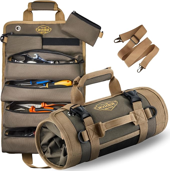 Ryker Heavy Duty Roll Up Tool Bag Organizer w/Detachable Pouches, Khaki