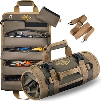 Ryker Heavy Duty Roll Up Tool Bag Organizer w/Detachable Pouches, Khaki