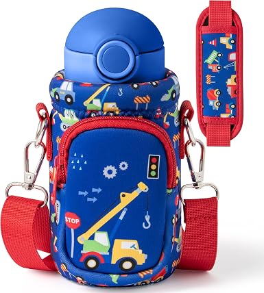 Water Bottle Carrier Bag with Strap for Kids - Water Bottle Bag Holder with Padded Strap Pocket 10/12/14/16/18Oz for Boy