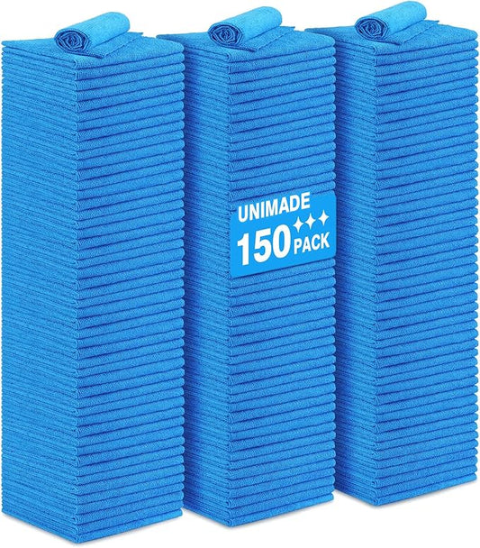 UNIMADE Shop Towels Rags, 150 Pack Reusable Shop Rags Bulk Microfiber Cleaning Cloth Lint Free Cleaning Towels for Car Kitchen Automotive Bar Mechanic Restaurant Garage, 11.5"x 11.5", Blue