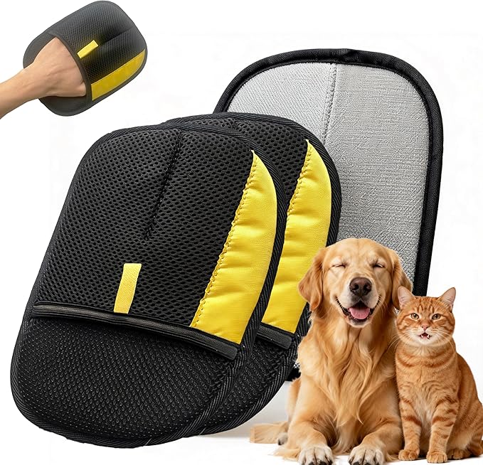 Pet Hair Removal Glove for Dogs & Cats, Reusable Magic Brush Electrostatic Pet Hair Remover Tool for Couch, Carpet, Clothes, Newly Upgraded (Black-Yellow Large 2-Pack)