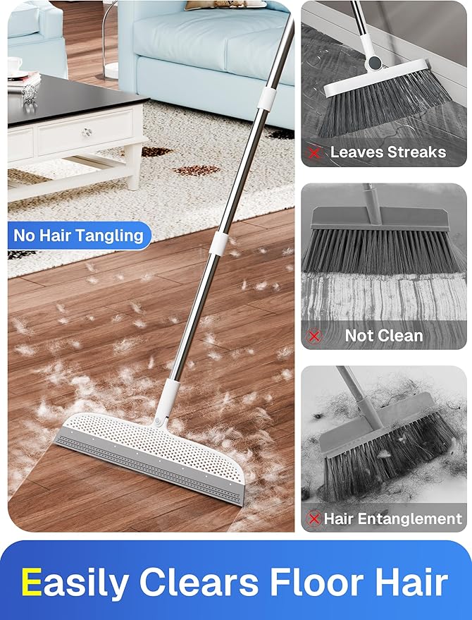 Silicone Floor Squeegee, 180° Rotating Air Broom, Squeegee for Floor with a Long Handle, Magic Broom for Water and Pet Hair Removal on Bathroom Floors, Tile, Deck and Glass, Indoor Cleaning Tool