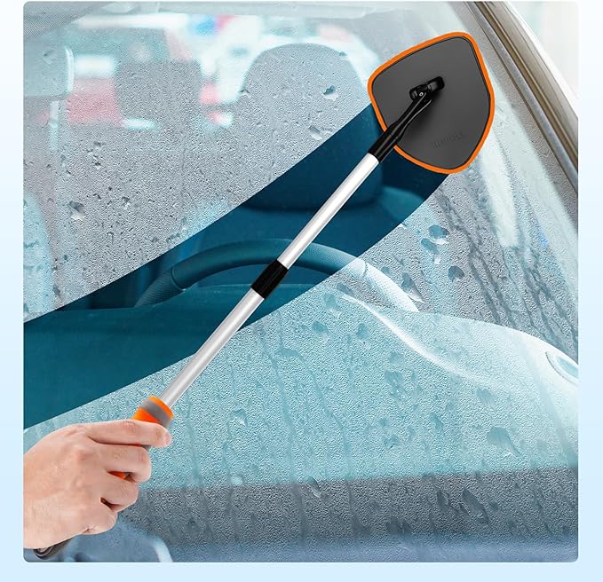 XINDELL Windshield Cleaner Tool, Car Window Cleaning Kit with 4 Reusable Microfiber Pads, Extendable Handle & 360° Rotating Head, Safety Hammer, Streak-Free Auto Glass Wiper for Car Truck SUV RV
