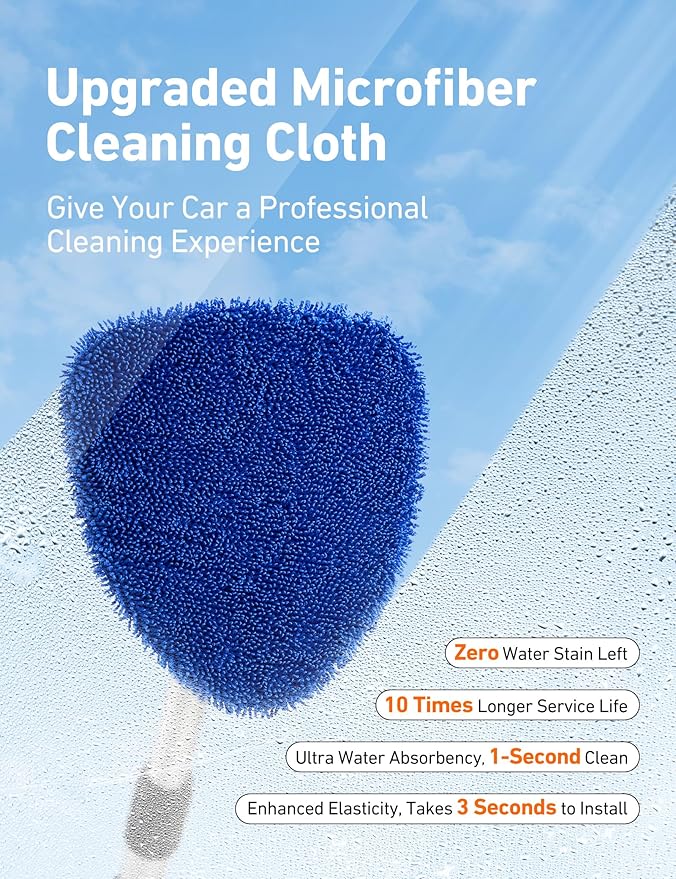 AstroAI 21" Windshield Cleaner Tool, Car Interior Detailing Cleaning Kit with Extendable Handle and 4 Upgraded High-Density Reusable Microfiber Pads, Auto Glass Wiper Brush Kit for Cars, Blue, 2 Pack