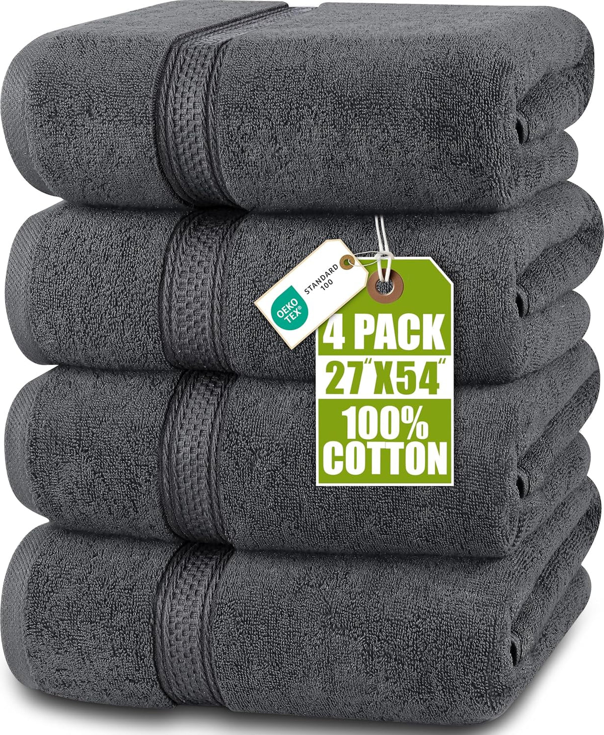 4 Pack Premium Bath Towels, 27x54 in, 600 GSM Cotton Grey