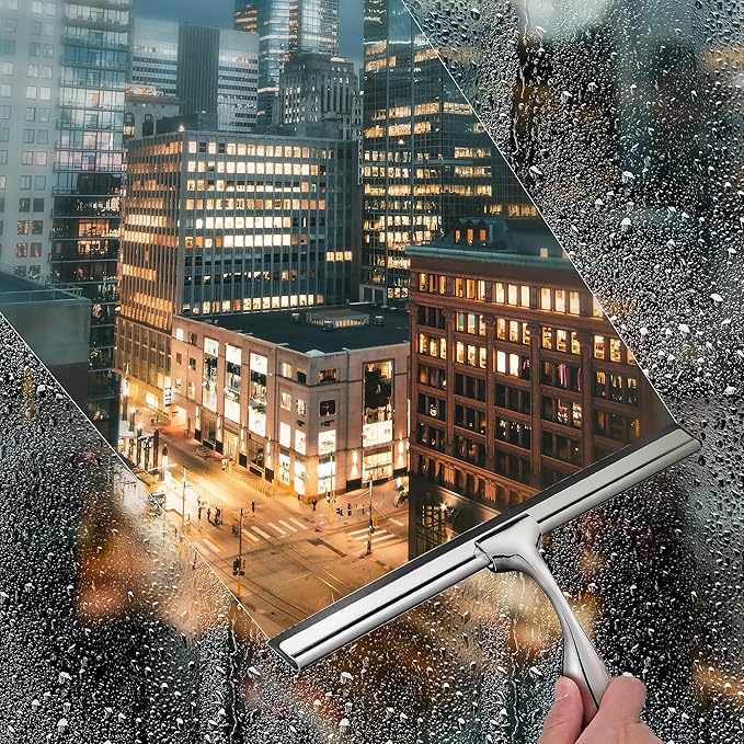 10" Squeegee for Shower Glass Door LASSHSWA All-Purpose Shower Squeegee for Glass Doors Bathroom Cleaner Tool Car Window Mirror Tile Wall Windshield Household with 2 Hooks and 2 Rubber Strips